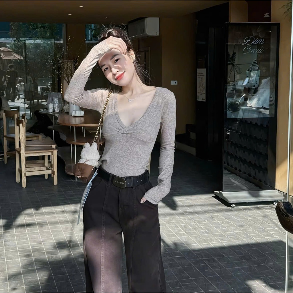 Áo Cổ V Ôm Body - Chất Liệu Mềm Mại Co Giãn Cao Cấp - Sợi Len Màu Muối Tiêu Lạ Mắt A063
