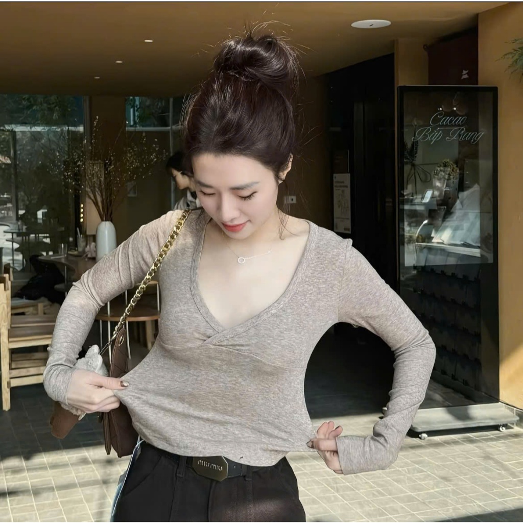 Áo Cổ V Ôm Body - Chất Liệu Mềm Mại Co Giãn Cao Cấp - Sợi Len Màu Muối Tiêu Lạ Mắt A063