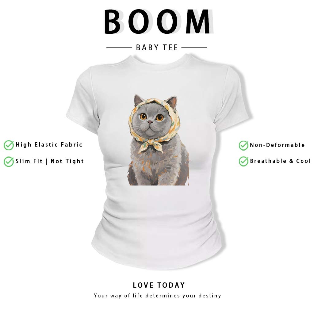 BOOM Áo Baby Tee Nữ Cotton Ôm Body-Áo Thun Ngắn Tay Y2K In Hình PhongCách Mùa Hè, Cổ Tròn Hàng Đầucách hàn quốc phong#64