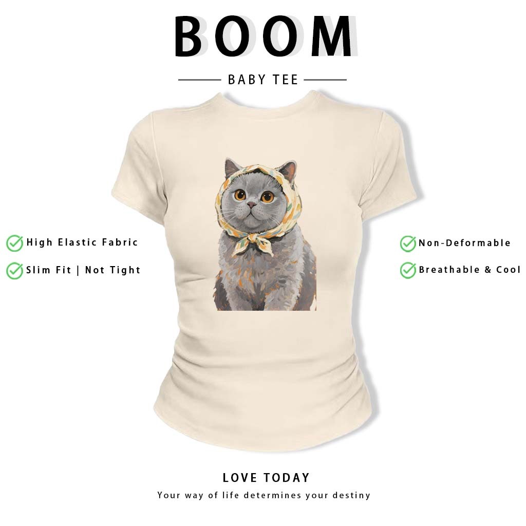 BOOM Áo Baby Tee Nữ Cotton Ôm Body-Áo Thun Ngắn Tay Y2K In Hình PhongCách Mùa Hè, Cổ Tròn Hàng Đầucách hàn quốc phong#64