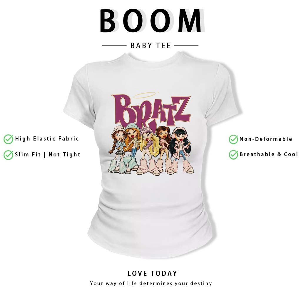 BOOM Áo Baby Tee Nữ Cotton Ôm Body-Áo Thun Ngắn Tay Y2K In Hình PhongCách Mùa Hè, Cổ Tròn Hàng Đầucách hàn quốc phong#65