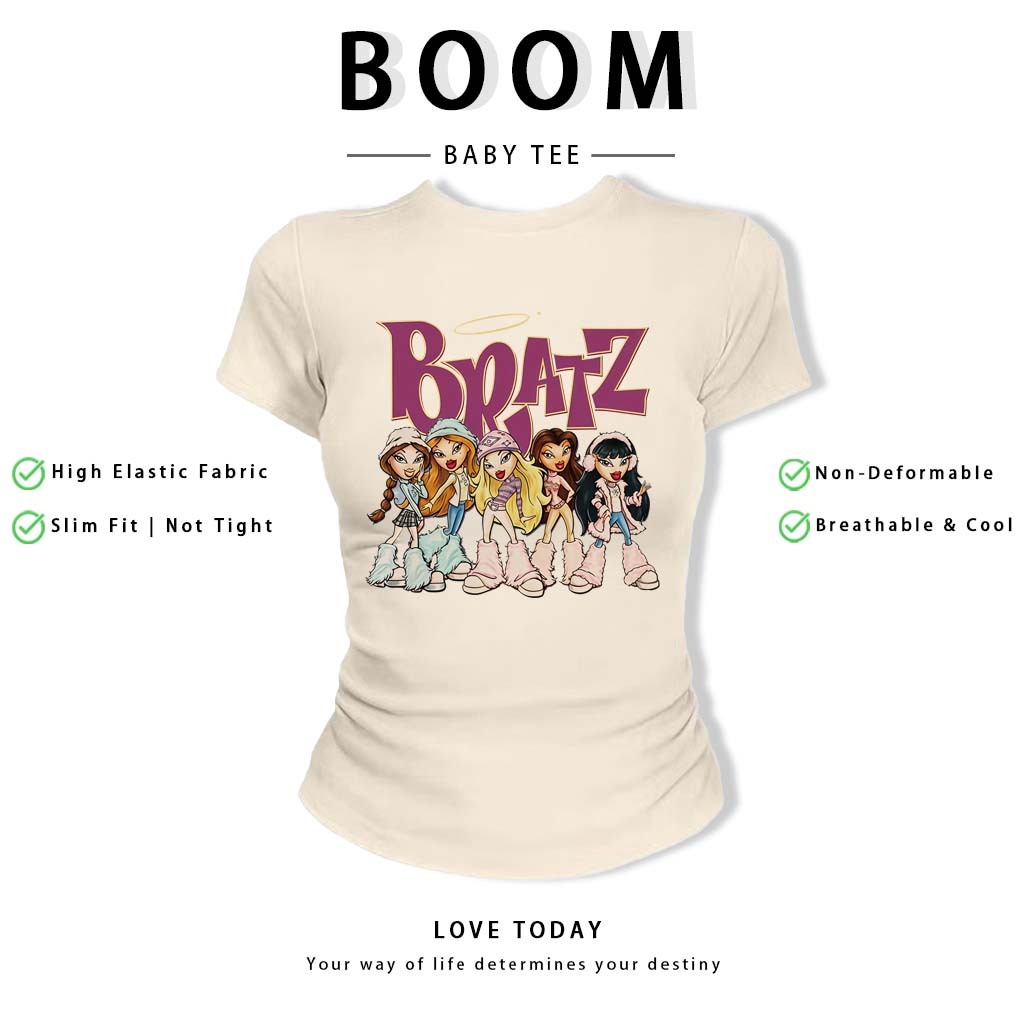 BOOM Áo Baby Tee Nữ Cotton Ôm Body-Áo Thun Ngắn Tay Y2K In Hình PhongCách Mùa Hè, Cổ Tròn Hàng Đầucách hàn quốc phong#65