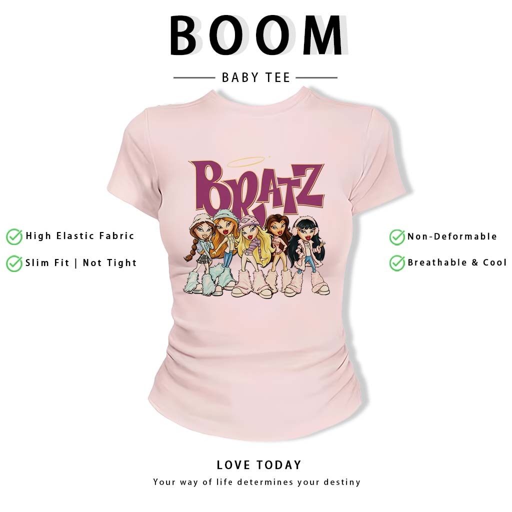 BOOM Áo Baby Tee Nữ Cotton Ôm Body-Áo Thun Ngắn Tay Y2K In Hình PhongCách Mùa Hè, Cổ Tròn Hàng Đầucách hàn quốc phong#65