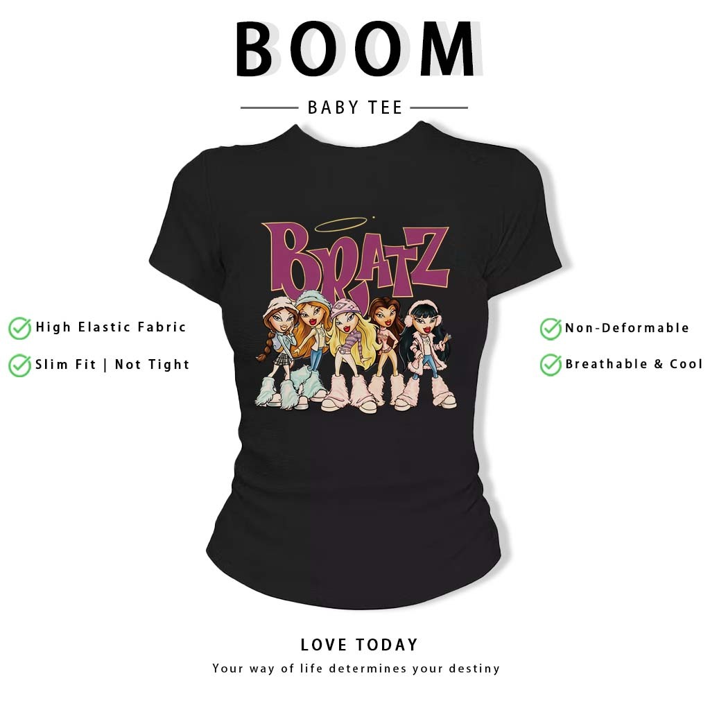 BOOM Áo Baby Tee Nữ Cotton Ôm Body-Áo Thun Ngắn Tay Y2K In Hình PhongCách Mùa Hè, Cổ Tròn Hàng Đầucách hàn quốc phong#65