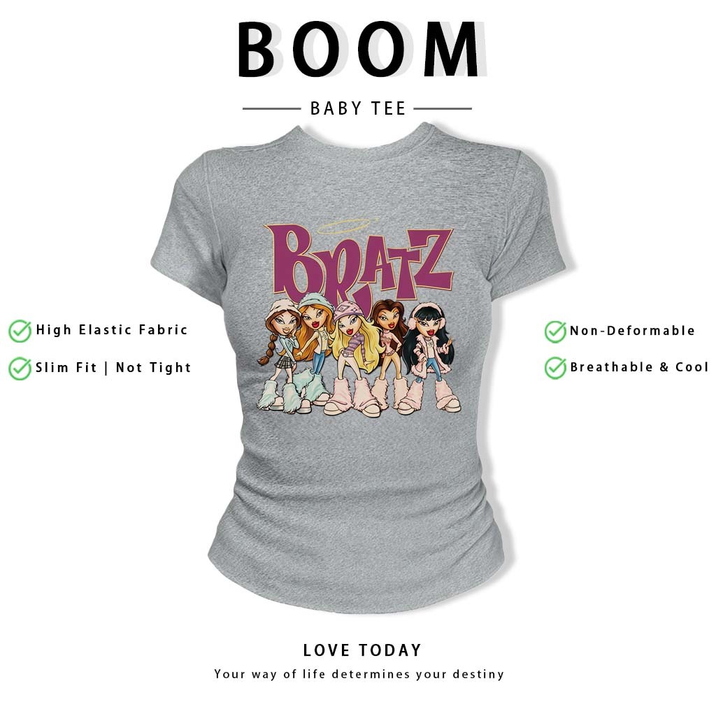 BOOM Áo Baby Tee Nữ Cotton Ôm Body-Áo Thun Ngắn Tay Y2K In Hình PhongCách Mùa Hè, Cổ Tròn Hàng Đầucách hàn quốc phong#65