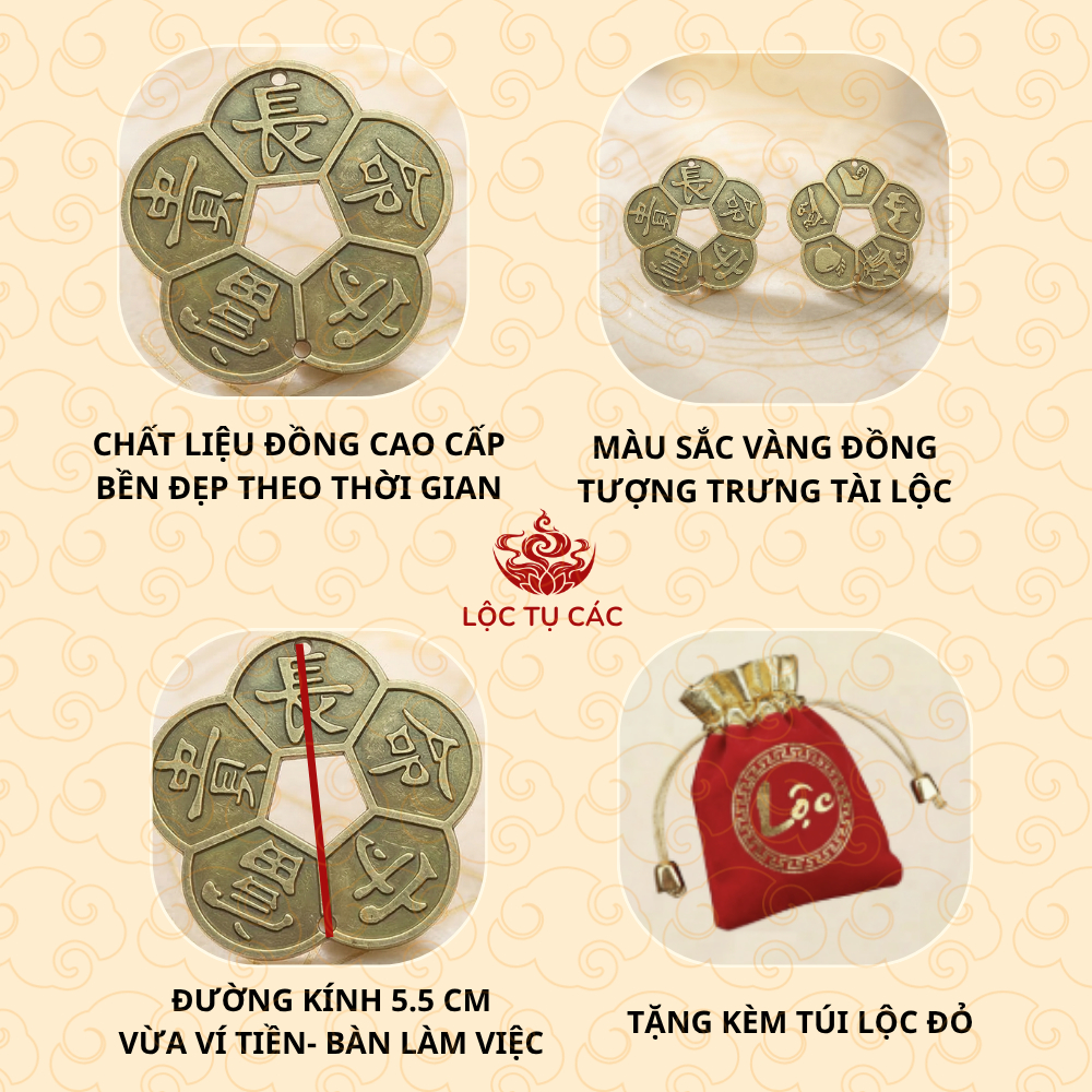 Xu hoa mai, đồng xu cổ Lộc Tụ Các phong thủy chiêu tài lộc hanh thông thuận lợi (ĐÃ THỈNH, TẶNG KÈM TÚI LỘC)