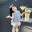 Set Hè Bé Gái Áo Kiều Kẻ Xanh Nhạt Sát Nách Kiểu (Chun)Phối Quần Ngắn Siêu Dễ Thương Cho Bé Đi Chơi
