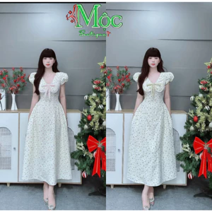 Đầm váy dài, đầm thiết kế thời trang maxi Đũi hoa Quảng Châu tay búp đính nơ dáng dài cao cấp