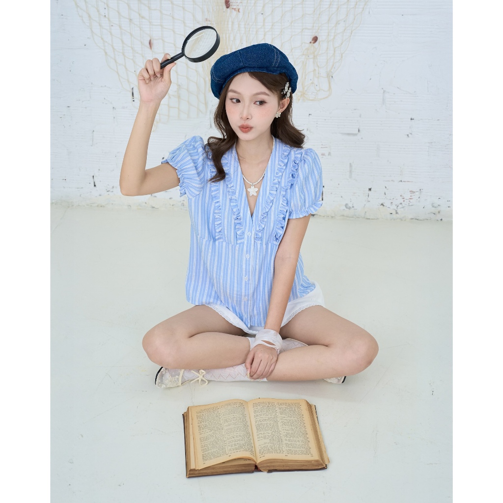 Áo Kiểu Nữ FERDIN TOP Tay Phồng Kẻ Sọc Phối Bèo Mùa Hè SECODEE