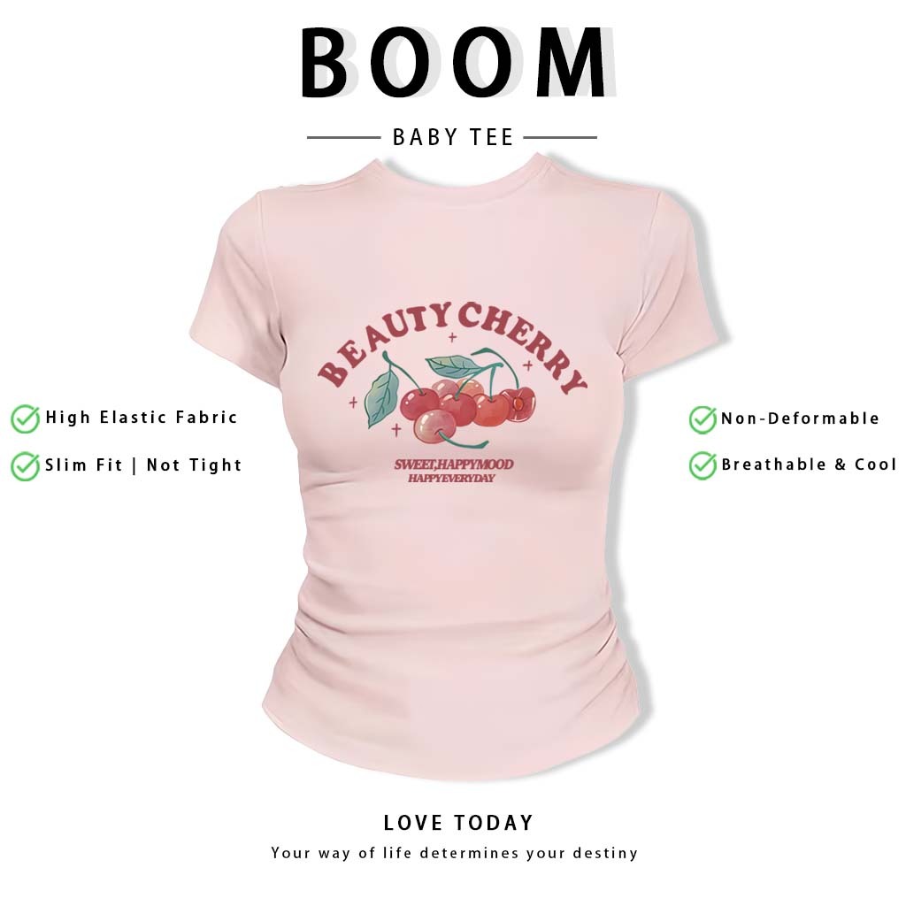 BOOM Áo Baby Tee Nữ Cotton Ôm Body-Áo Thun Ngắn Tay Y2K In Hình PhongCách Mùa Hè, Cổ Tròn Hàng Đầucách hàn quốc phong#67