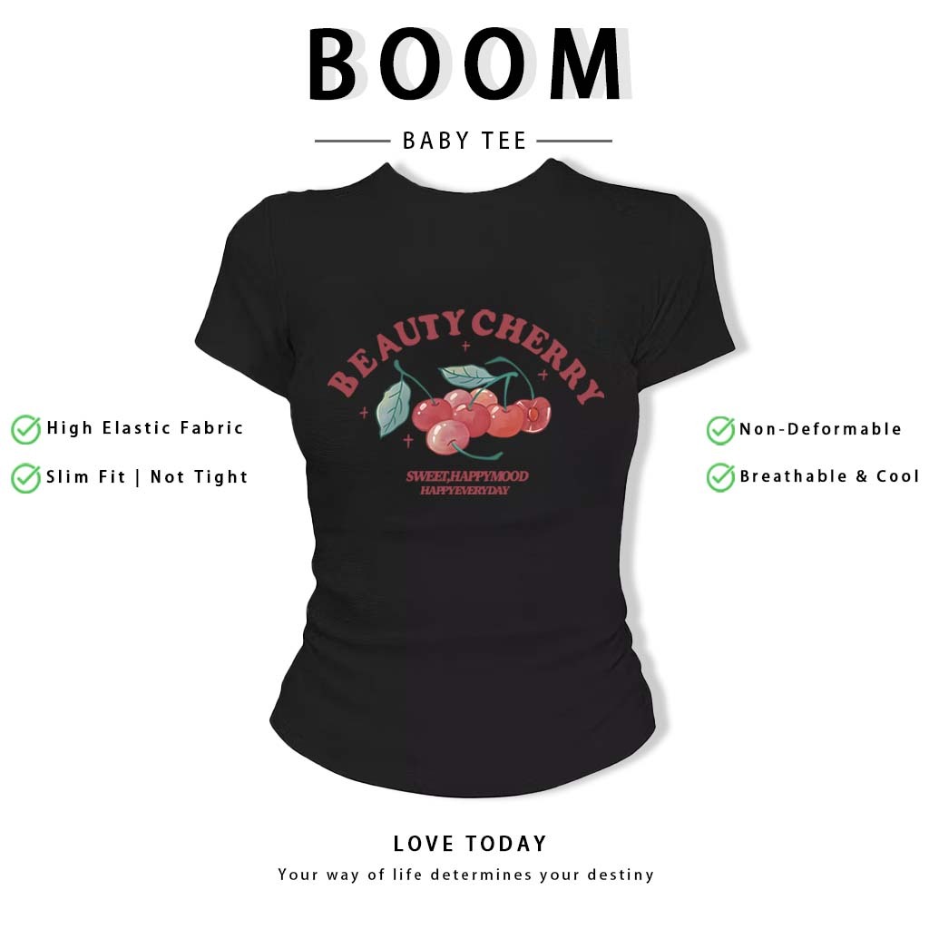 BOOM Áo Baby Tee Nữ Cotton Ôm Body-Áo Thun Ngắn Tay Y2K In Hình PhongCách Mùa Hè, Cổ Tròn Hàng Đầucách hàn quốc phong#67