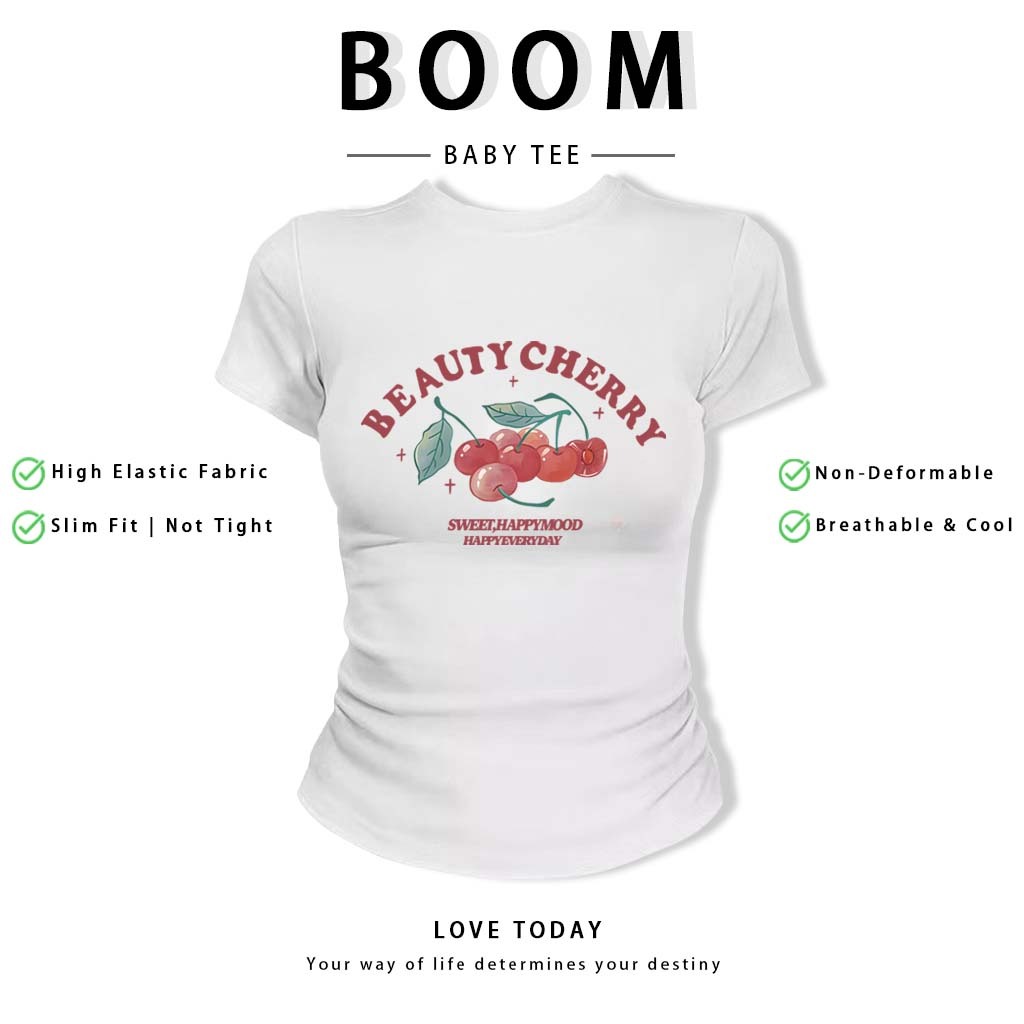 BOOM Áo Baby Tee Nữ Cotton Ôm Body-Áo Thun Ngắn Tay Y2K In Hình PhongCách Mùa Hè, Cổ Tròn Hàng Đầucách hàn quốc phong#67
