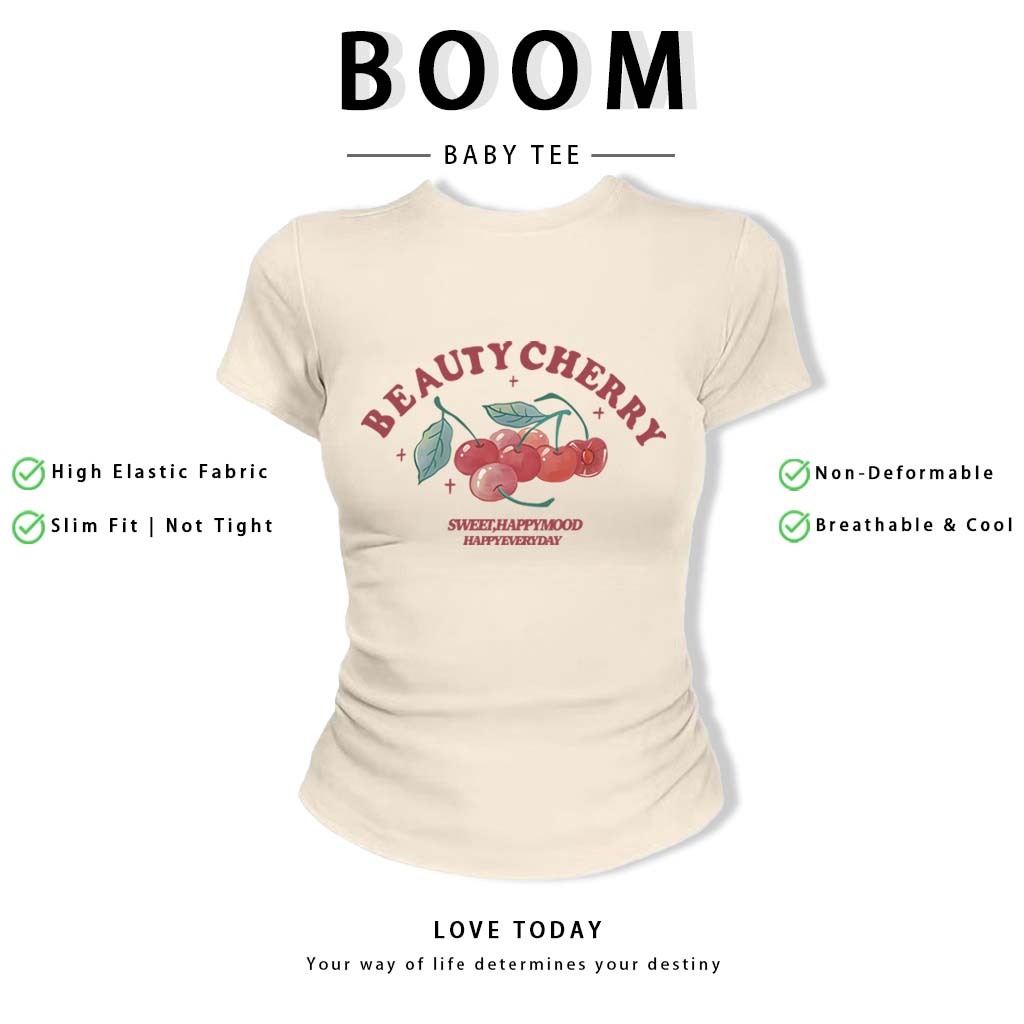 BOOM Áo Baby Tee Nữ Cotton Ôm Body-Áo Thun Ngắn Tay Y2K In Hình PhongCách Mùa Hè, Cổ Tròn Hàng Đầucách hàn quốc phong#67