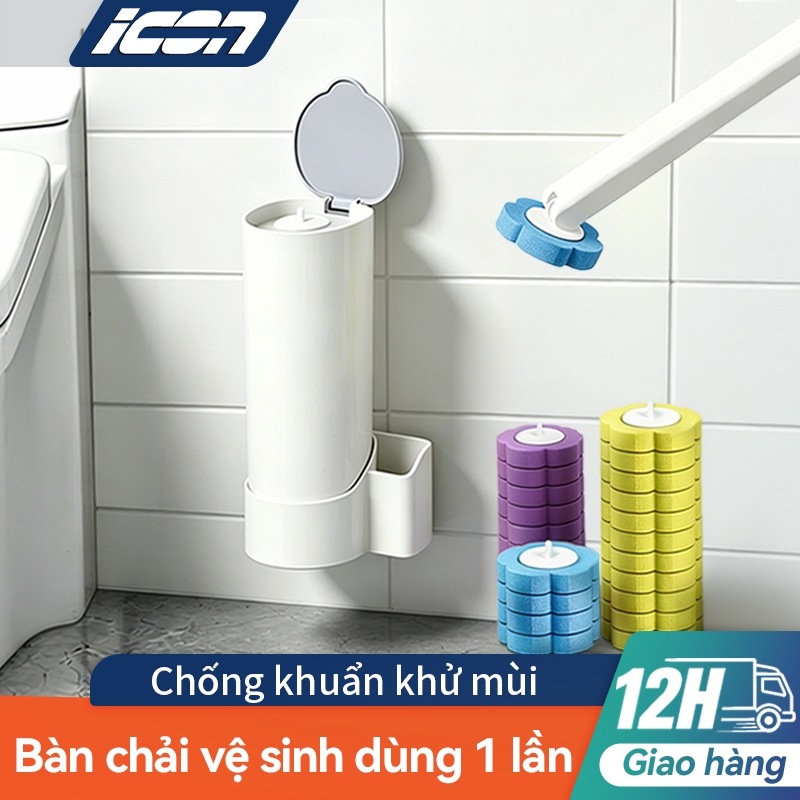 Bộ bàn chải vệ sinh dùng một lần ICON — chống khuẩn khử mùi, đầu chổi xoay 360°, gắn tường cất gọn, có đầu thay thế.