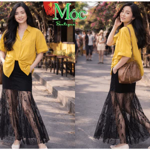 MK_Set đi biển, set mặc hè, áo sơ mi tay lỡ phối chân váy dài Ren có lót mặc đi chơi dạo phố xinh