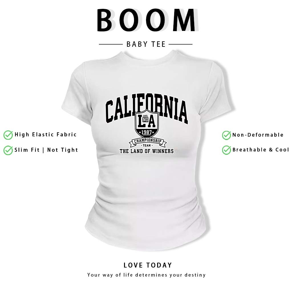 BOOM Áo Baby Tee Nữ Cotton Ôm Body-Áo Thun Ngắn Tay Y2K In Hình PhongCách Mùa Hè, Cổ Tròn Hàng Đầucách hàn quốc phong#69