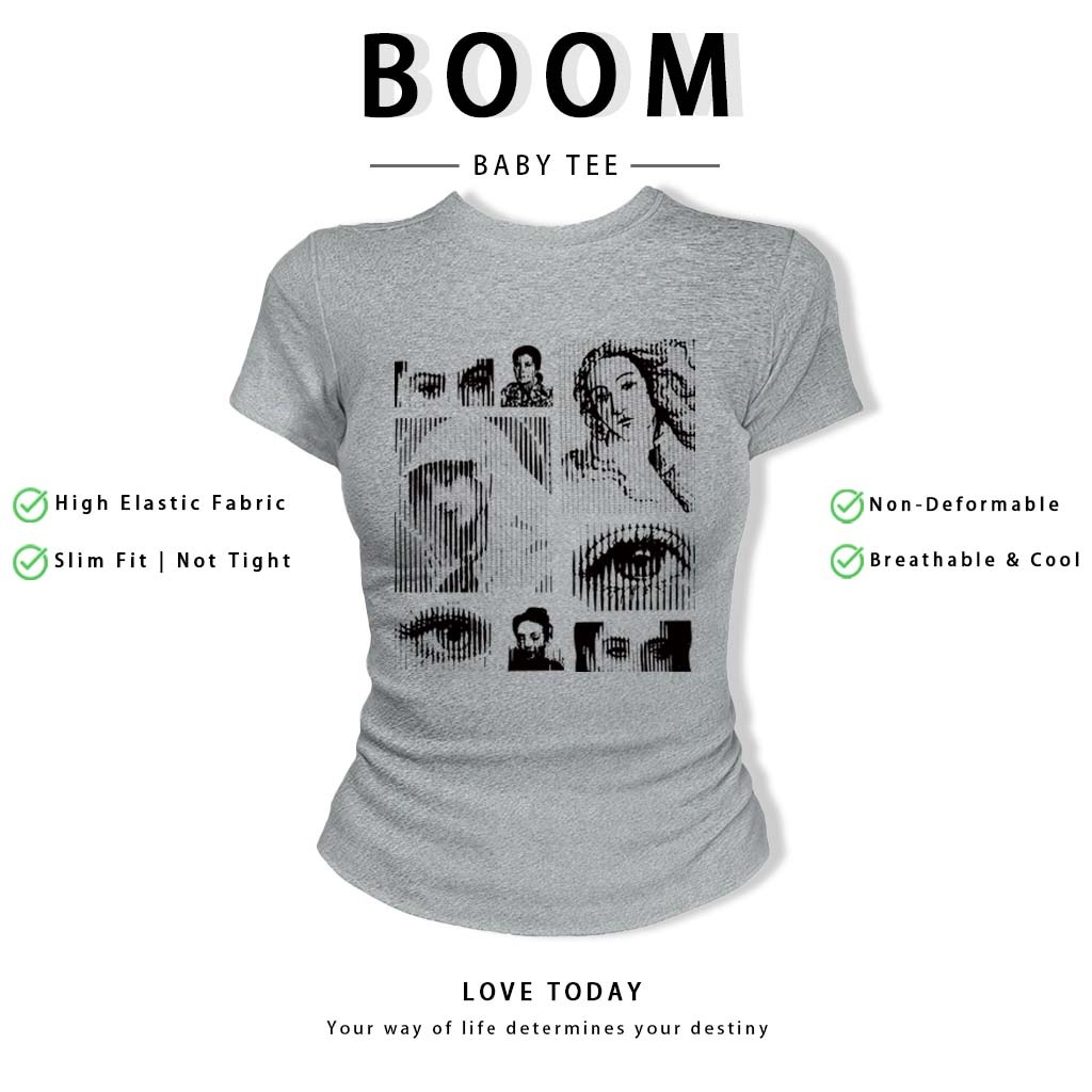 BOOM Áo Baby Tee Nữ Cotton Ôm Body-Áo Thun Ngắn Tay Y2K In Hình PhongCách Mùa Hè, Cổ Tròn Hàng Đầucách hàn quốc phong#70
