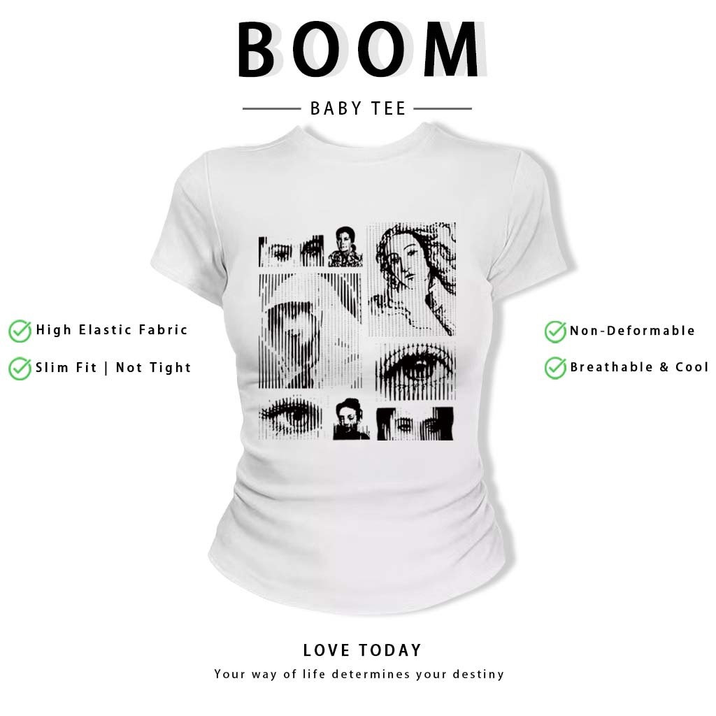 BOOM Áo Baby Tee Nữ Cotton Ôm Body-Áo Thun Ngắn Tay Y2K In Hình PhongCách Mùa Hè, Cổ Tròn Hàng Đầucách hàn quốc phong#70