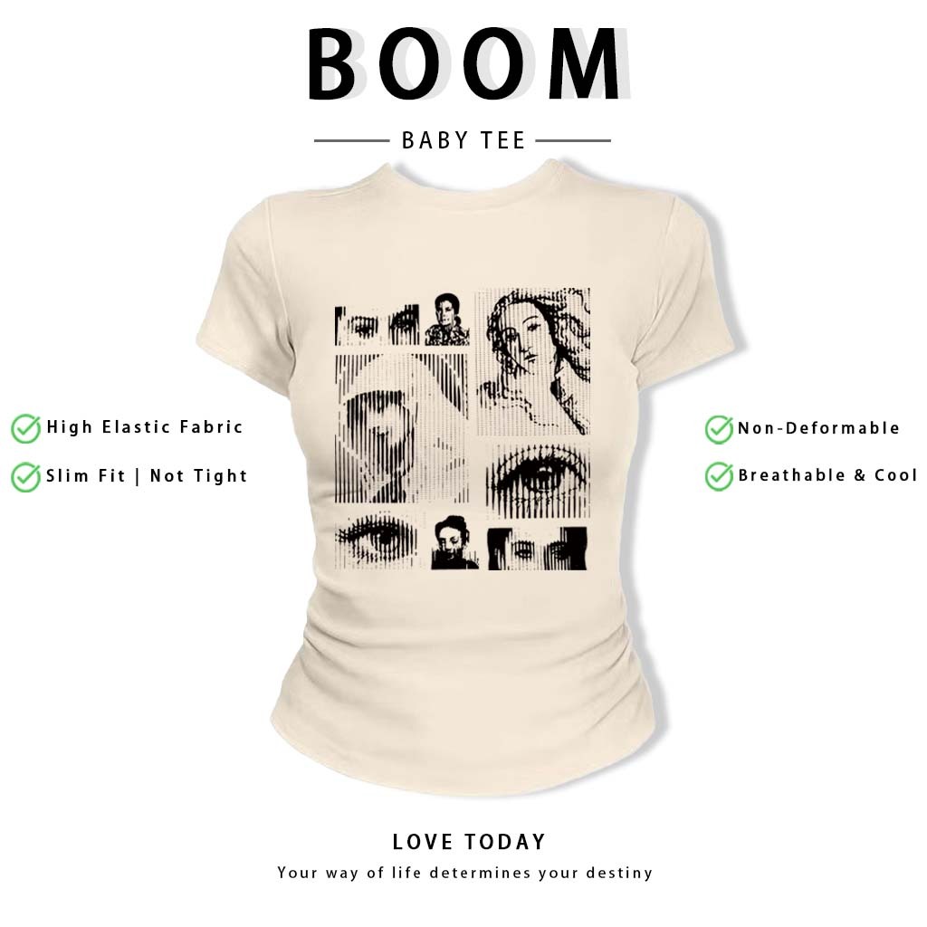 BOOM Áo Baby Tee Nữ Cotton Ôm Body-Áo Thun Ngắn Tay Y2K In Hình PhongCách Mùa Hè, Cổ Tròn Hàng Đầucách hàn quốc phong#70