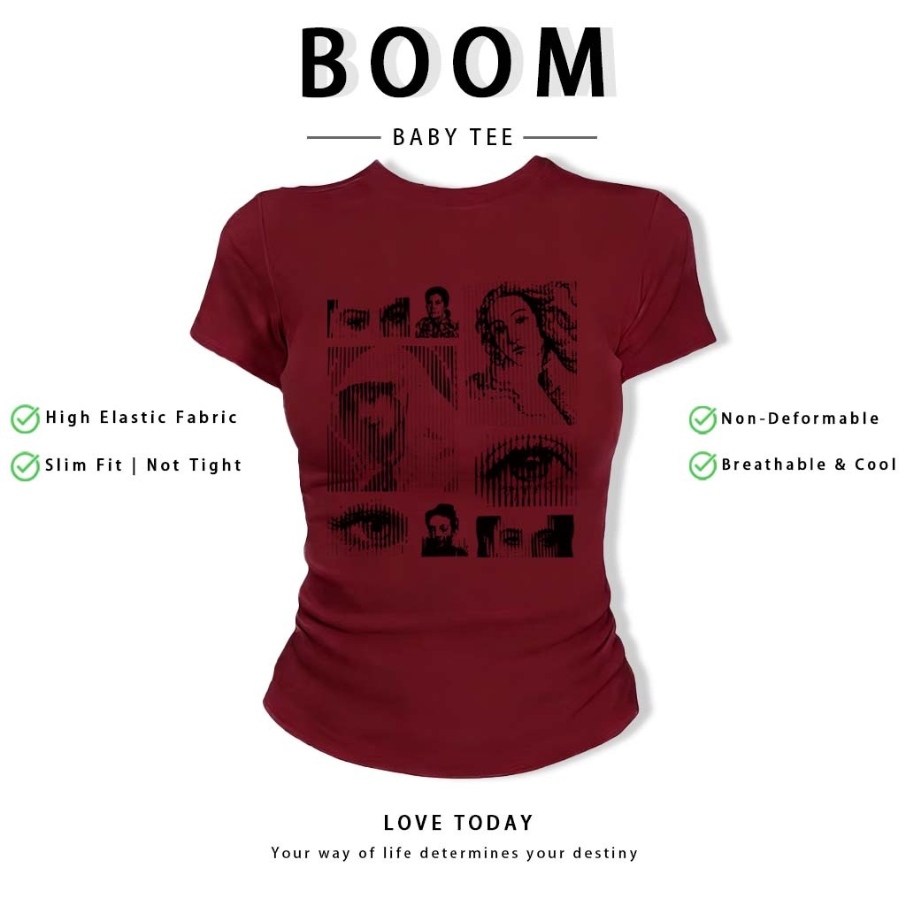 BOOM Áo Baby Tee Nữ Cotton Ôm Body-Áo Thun Ngắn Tay Y2K In Hình PhongCách Mùa Hè, Cổ Tròn Hàng Đầucách hàn quốc phong#70