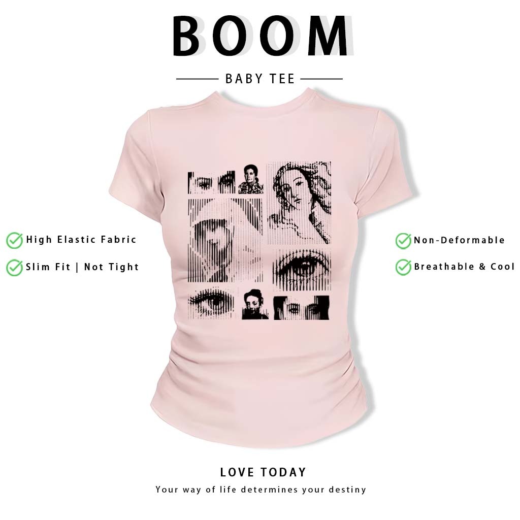 BOOM Áo Baby Tee Nữ Cotton Ôm Body-Áo Thun Ngắn Tay Y2K In Hình PhongCách Mùa Hè, Cổ Tròn Hàng Đầucách hàn quốc phong#70