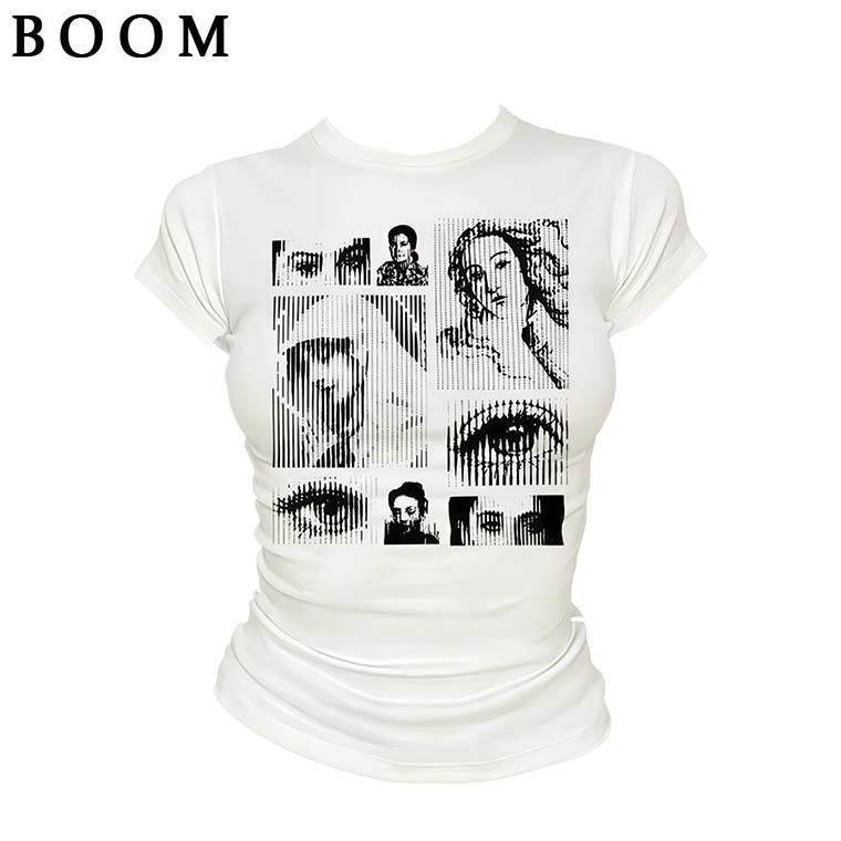 BOOM Áo Baby Tee Nữ Cotton Ôm Body-Áo Thun Ngắn Tay Y2K In Hình PhongCách Mùa Hè, Cổ Tròn Hàng Đầucách hàn quốc phong#70