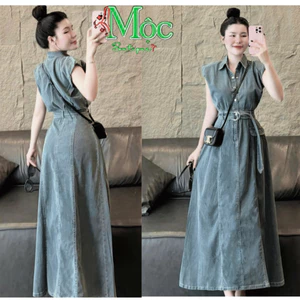 LS_ Set đầm váy jean, set Jean mặc hè, đầm jean cộc Quảng Châu dáng dài cái nút thắt eo