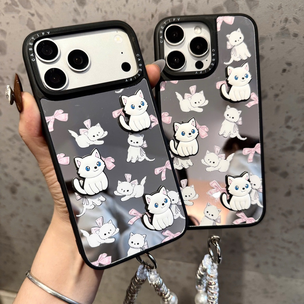 Ốp lưng Gương Mèo Trắng Nơ Hồng phong cách Coquette cho iPhone - Nắng Case