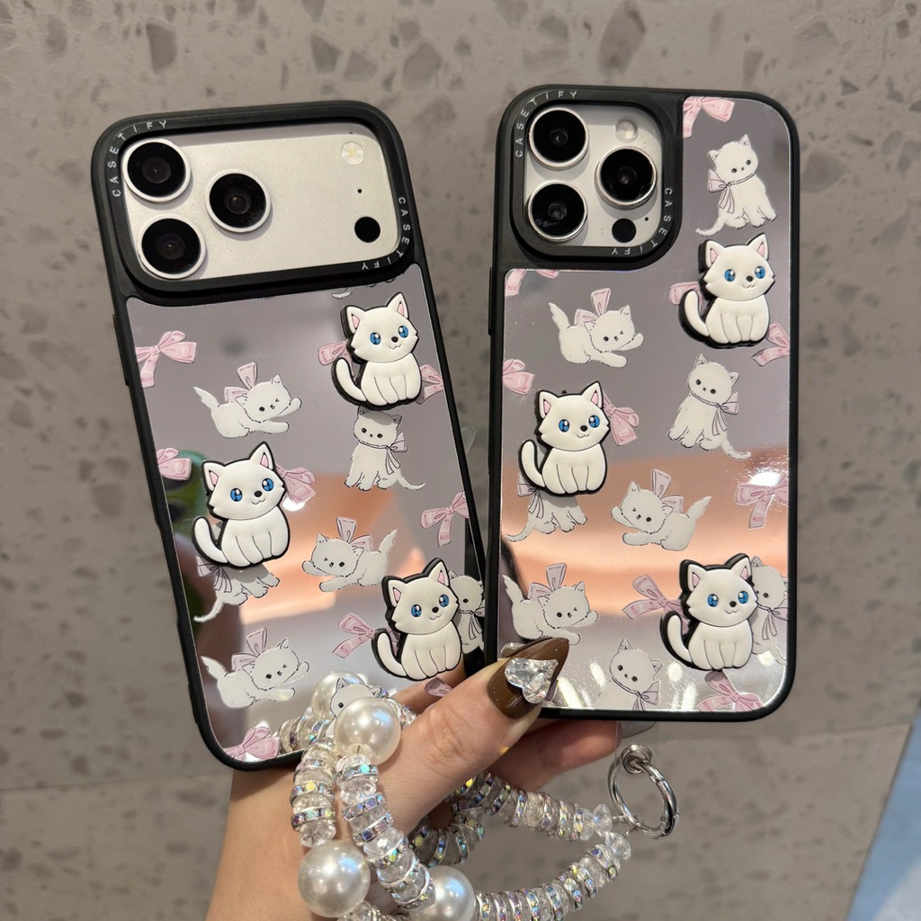 Ốp lưng Gương Mèo Trắng Nơ Hồng phong cách Coquette cho iPhone - Nắng Case