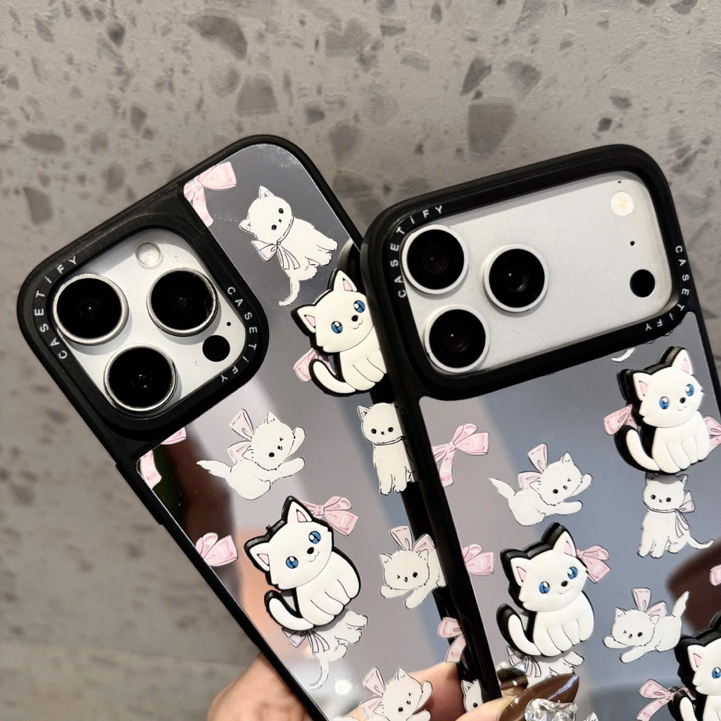 Ốp lưng Gương Mèo Trắng Nơ Hồng phong cách Coquette cho iPhone - Nắng Case