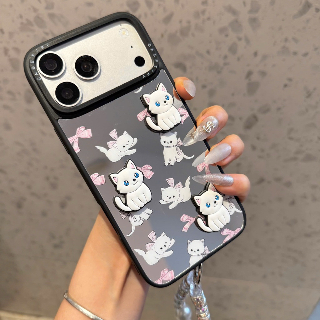 Ốp lưng Gương Mèo Trắng Nơ Hồng phong cách Coquette cho iPhone - Nắng Case