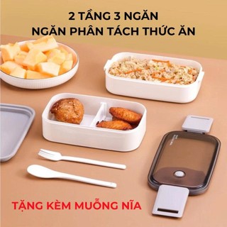 Samono Hộp đựng cơm văn phòng 2 tầng tiện lợi kèm muỗng nĩa Bonbox BTW40 bằng nhựa màu xám