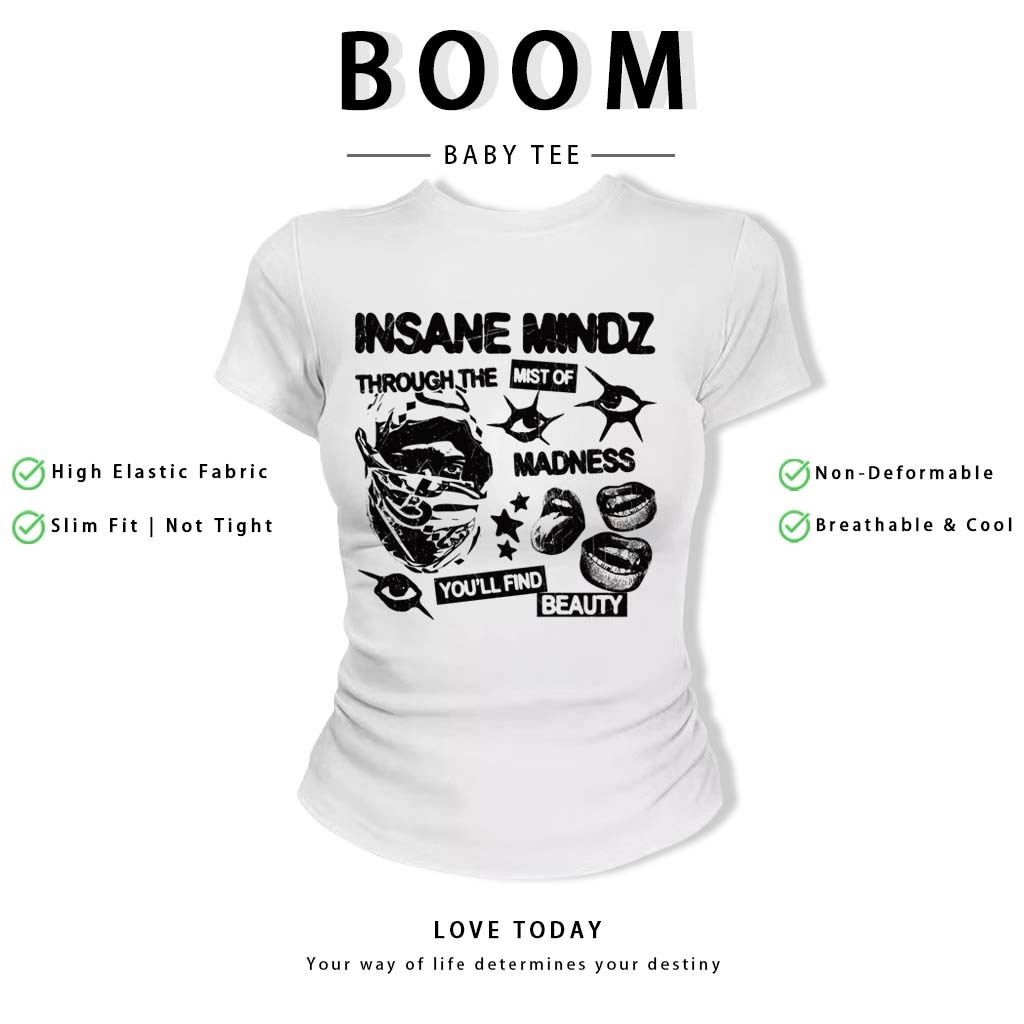 BOOM Áo Baby Tee Nữ Cotton Ôm Body-Áo Thun Ngắn Tay Y2K In Hình PhongCách Mùa Hè, Cổ Tròn Hàng Đầucách hàn quốc phong#73