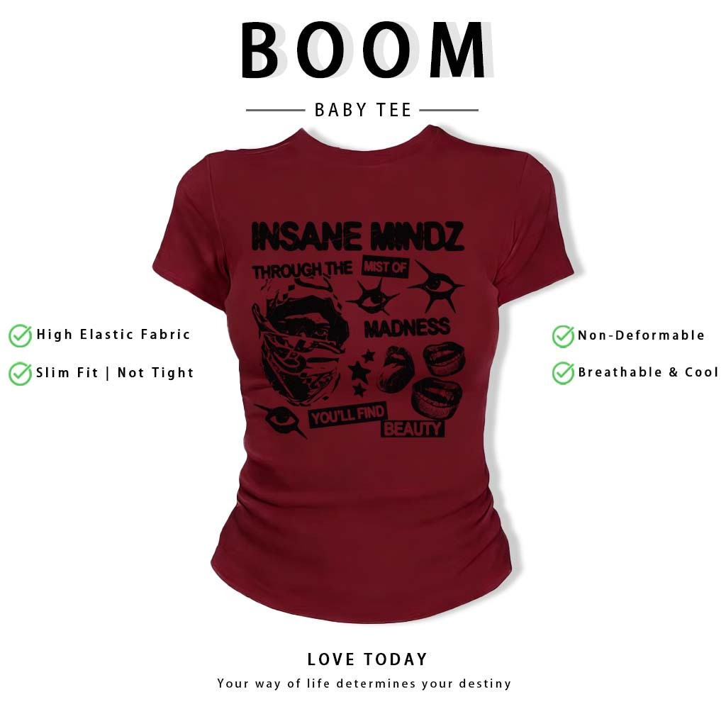 BOOM Áo Baby Tee Nữ Cotton Ôm Body-Áo Thun Ngắn Tay Y2K In Hình PhongCách Mùa Hè, Cổ Tròn Hàng Đầucách hàn quốc phong#73