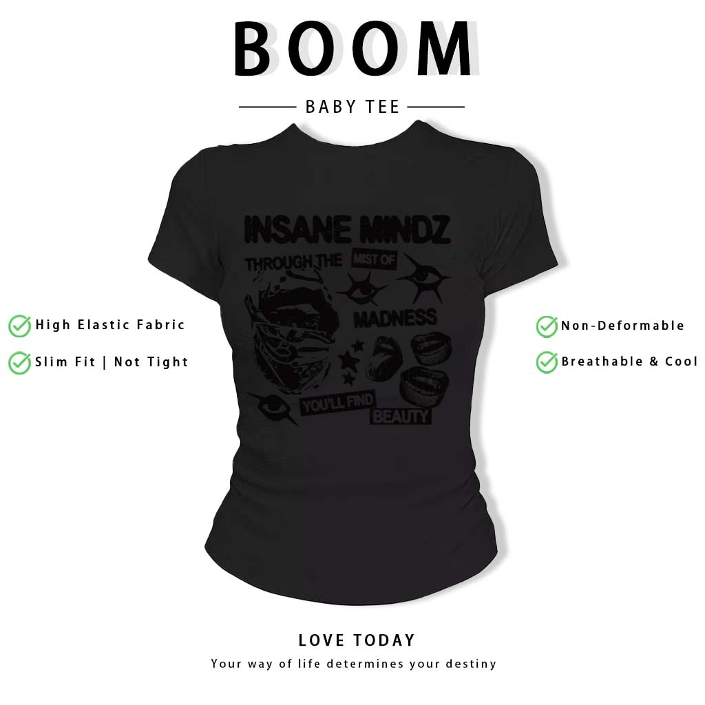 BOOM Áo Baby Tee Nữ Cotton Ôm Body-Áo Thun Ngắn Tay Y2K In Hình PhongCách Mùa Hè, Cổ Tròn Hàng Đầucách hàn quốc phong#73