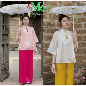 Set đồ lam, đi chùa, đồ mặc Tết, set Voan Tơ hoa nổi áo cổ tàu có tua rua kèm quần dài Tuyết Nhung