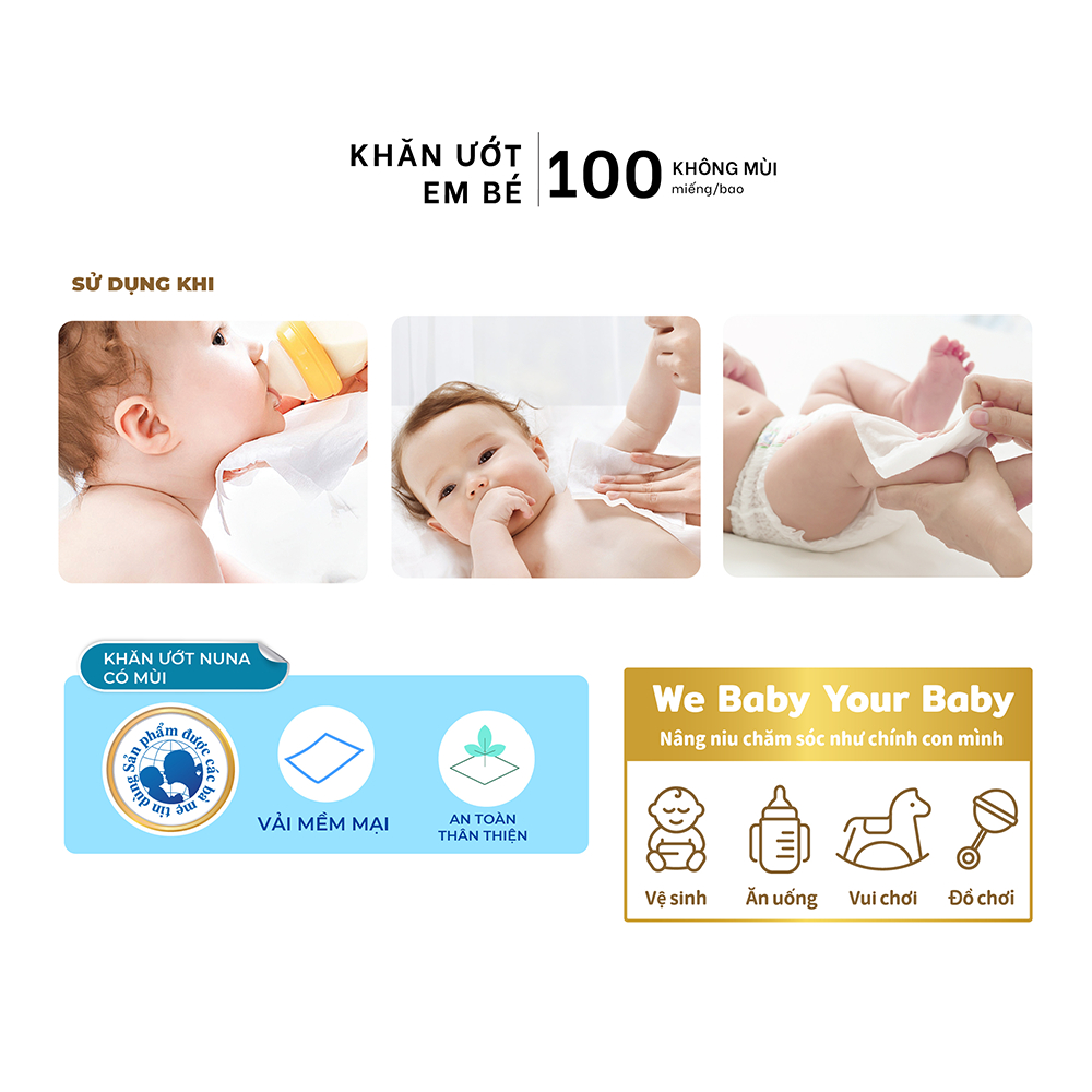 [Combo] Khăn Ướt Em Bé Nuna 100 Tờ Không Mùi - Vải Rayon Mềm Dai - An Toàn Cho Bé