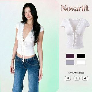 Nova-Áo Kiểu Nữ Ôm Body Y2K Cổ Tim Phối Ren Cột Dây Chất Thun Cotton Mịn