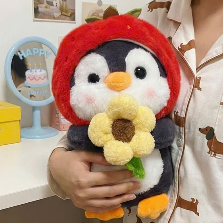 Gấu Bông Chim Cánh Cụt Mũ Dâu Ôm Hoa Dễ Thương, Thú Nhồi Bông Chim Cánh Cục Quà Tặng Cho Bạn Gái/Trai, Cho Bé, Bobesu