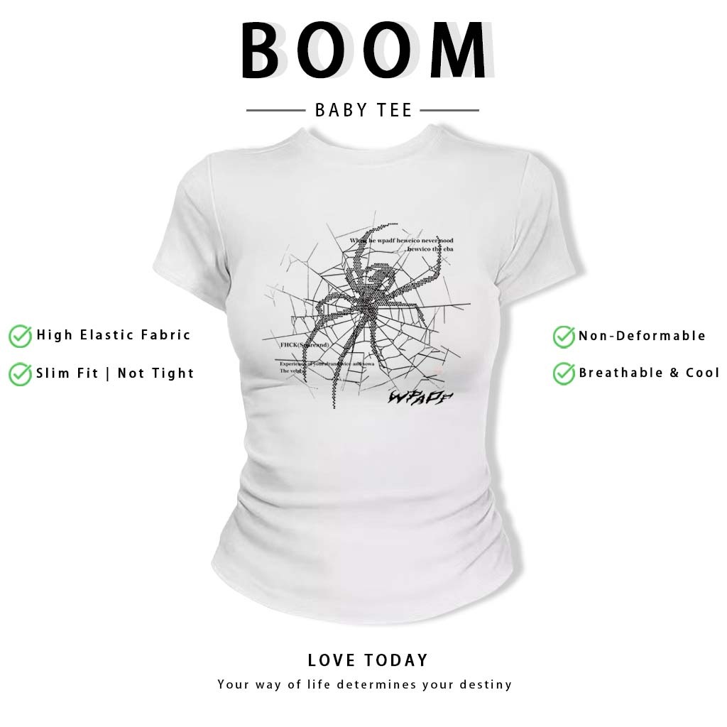 BOOM Áo Baby Tee Nữ Cotton Ôm Body-Áo Thun Ngắn Tay Y2K In Hình PhongCách Mùa Hè, Cổ Tròn Hàng Đầucách hàn quốc phong#72