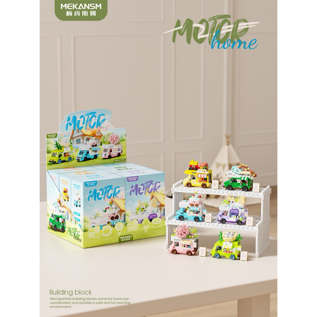 Mô Hình Xe Bán Hàng Lưu Động & Xe Tải Hoa - Đồ Chơi Xếp Hình Motor Home Mini Decor Góc Học Tập