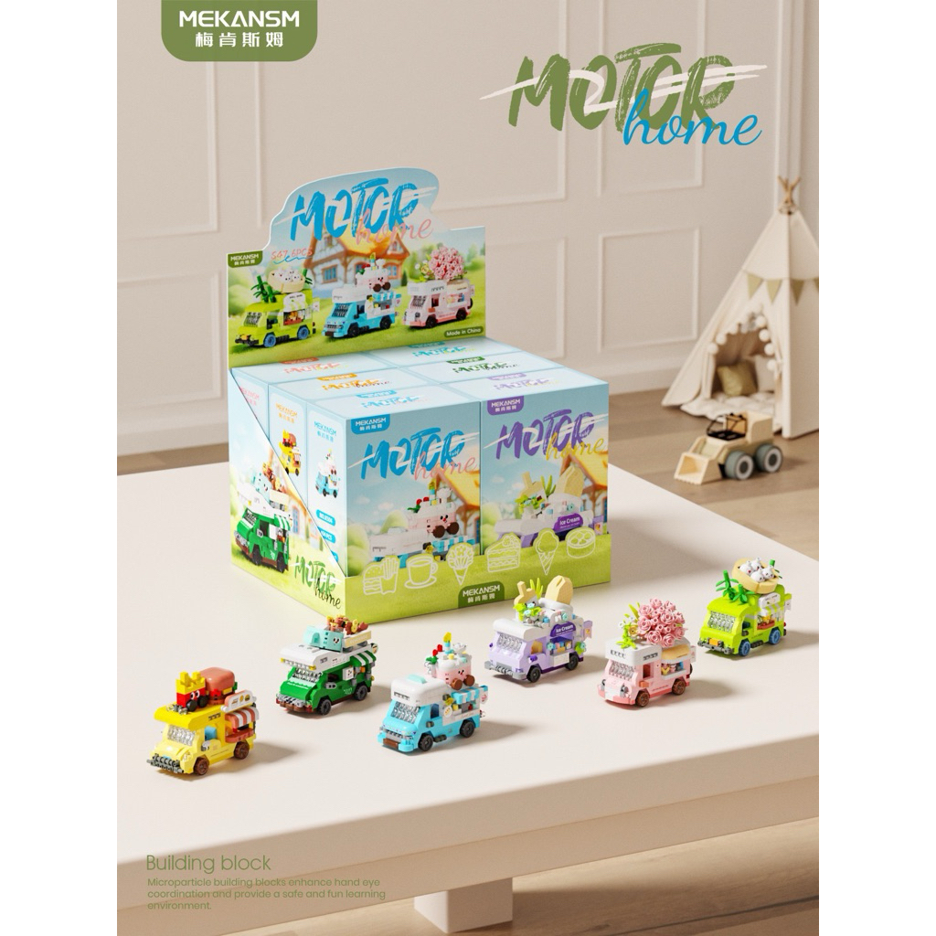 Mô Hình Xe Bán Hàng Lưu Động & Xe Tải Hoa - Đồ Chơi Xếp Hình Motor Home Mini Decor Góc Học Tập