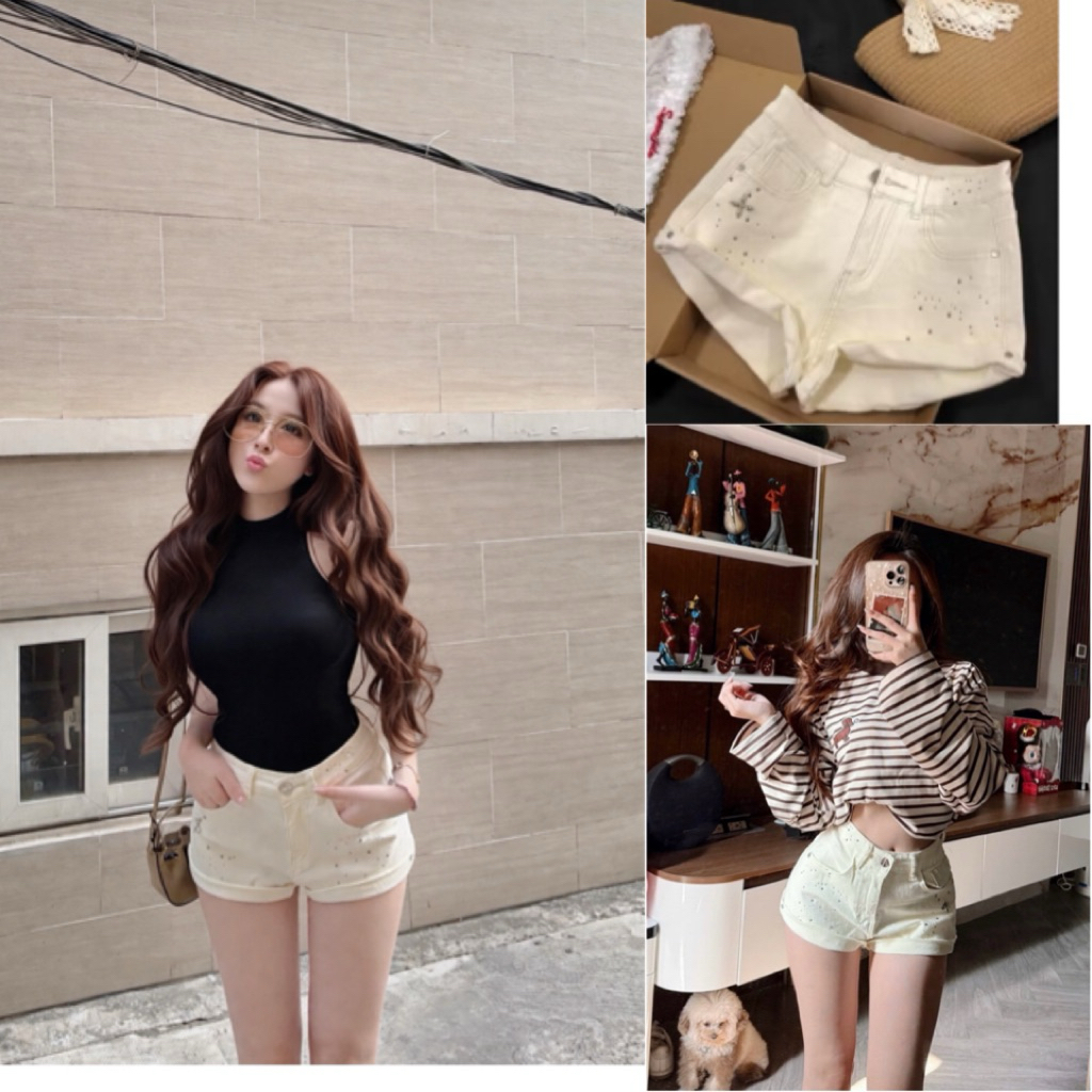 𝑺𝒔𝒖.𝑺𝒕𝒖𝒅𝒊𝒐[CÓ SẴN-RẺ VÔ ĐỊCH]QUẦN SOOC DENIM ĐÍNH ĐÁ-QUẦN SOOC JEANS CẠP CAO ĐÍNH ĐÁ MÀU KEM