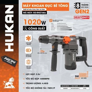 Máy khoan đục bê tông HUKAN G2-RH2166X, Công suất 1020w, Mtor dây đồng 100% - Tặng 5 Mũi