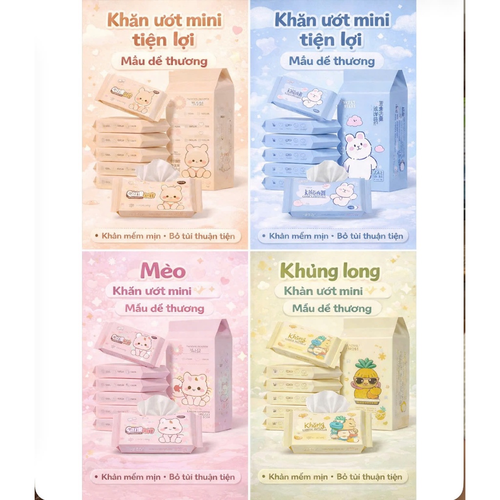 T21_khăn ướt mini bỏ túi với nhiều mẫu dễ thương Bịch 8 gói(gấu cam, thỏ trắng, mèo, khủng long, dứa)