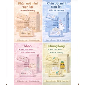 T21_khăn ướt mini bỏ túi với nhiều mẫu dễ thương Bịch 8 gói(gấu cam, thỏ trắng, mèo, khủng long, dứa)
