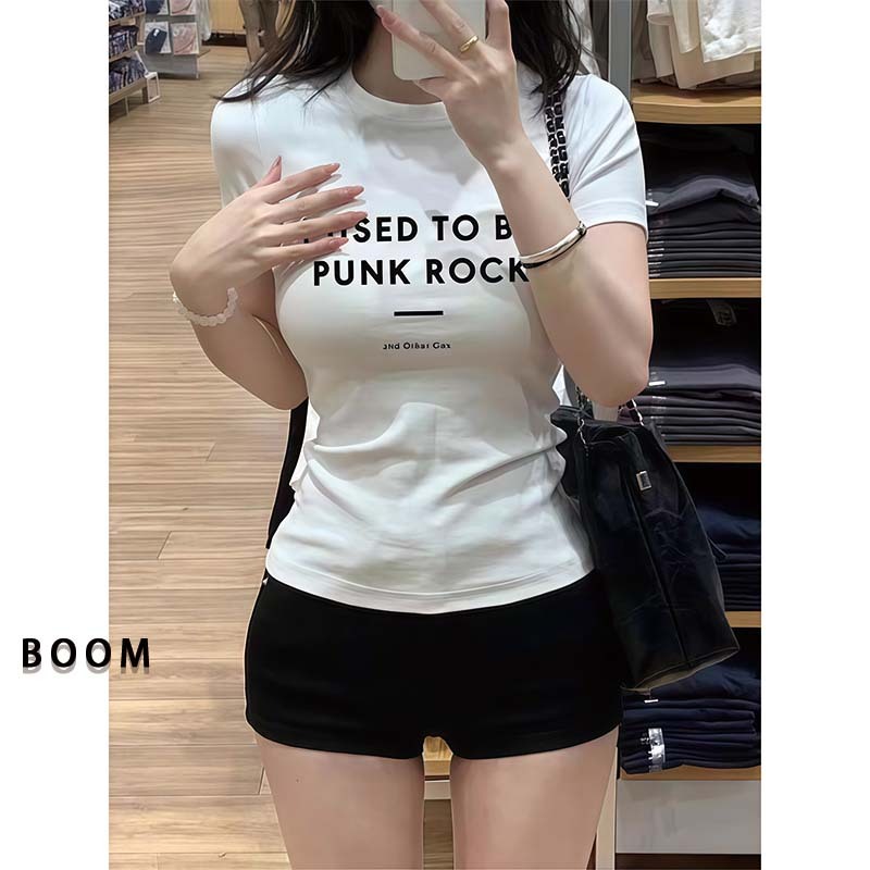 BOOM Áo Baby Tee Nữ Cotton Ôm Body-Áo Thun Ngắn Tay Y2K In Hình PhongCách Mùa Hè, Cổ Tròn Hàng Đầucách hàn quốc phong#76