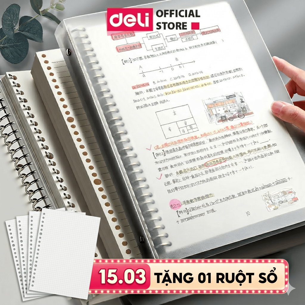 [VOUCHER 20%] Sổ Còng Deli Bìa Sổ Còng Sắt Nhựa A4 B5 A5 Sổ Tay Binder Thay Được Giấy Kẻ Ngang Caro Làm Sổ Ghi Chép Tiện