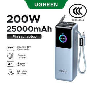 【Được chứng nhận CCC】Sạc dự phòng UGREEN 25.000mAh | Công suất 200W | Tích hợp 2 cáp USB-C có thể rút gọn