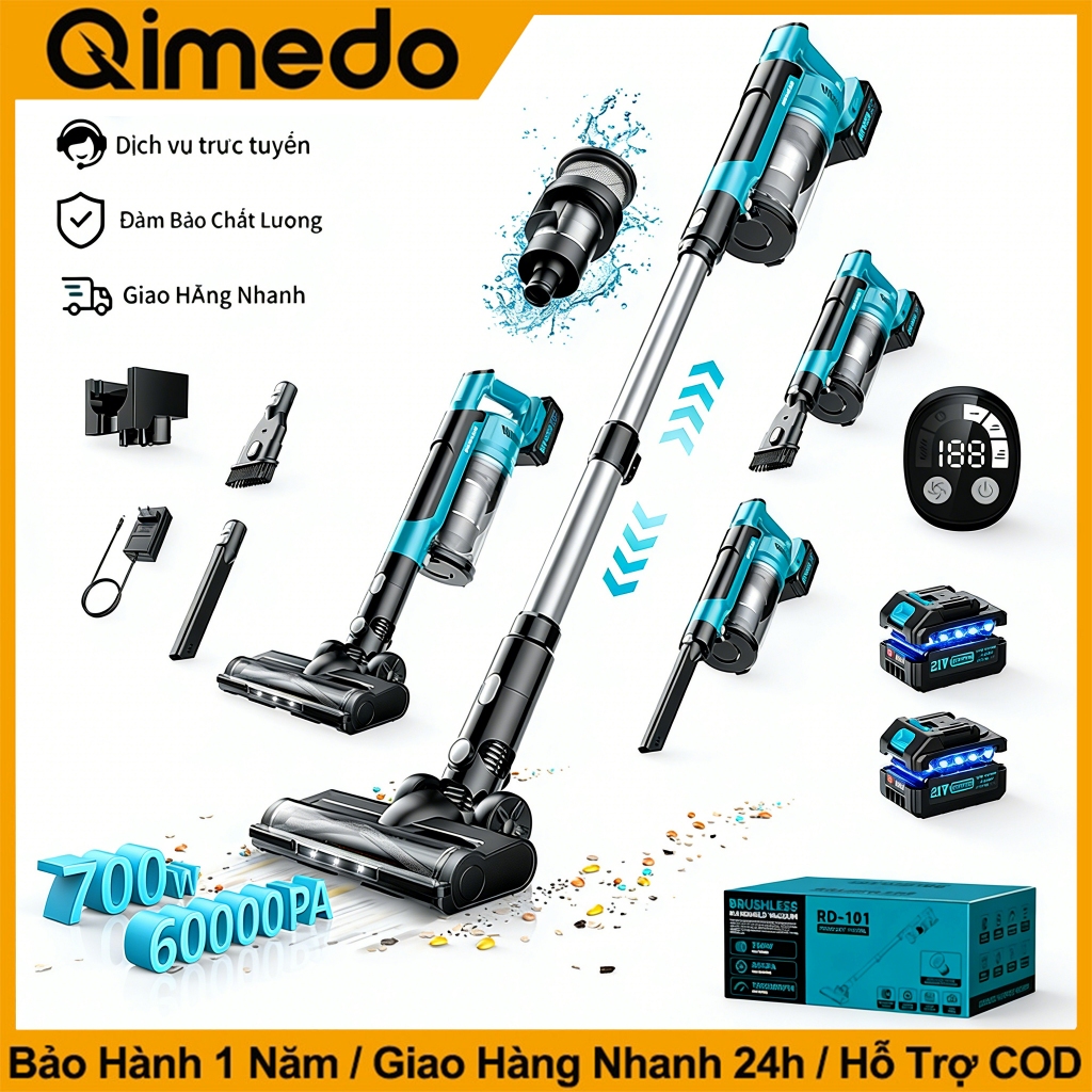 Máy hút bụi cầm tay hiệu suất cao 700W, không dây tiện lợi, 6 chức năng đa dụng, lực hút 60000PA